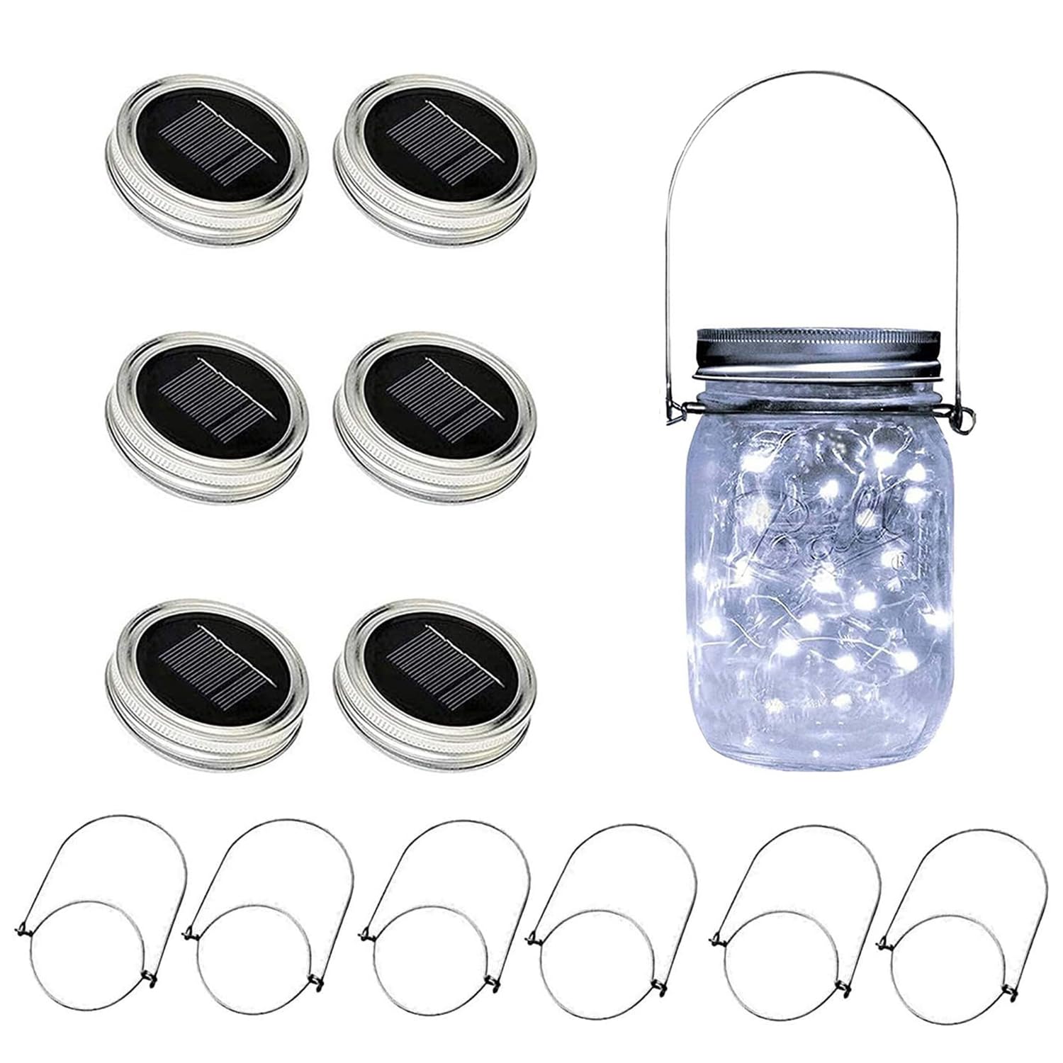 Vookry 6 Pack Solar Mason Jar Lights, 30 Led Mason Jar Lids Waterproof Firefly Fairy String Lights With 6 Hangers(No Jars), For