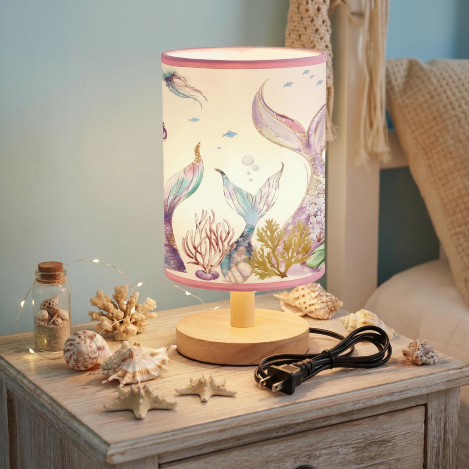Glooglitter Summer Mermaid Table Lamp 3 Colors Mermaid Room Bedroom Decor Dimmable Lights 9.72 x 5.12 Inch Ocean Night Light Bed