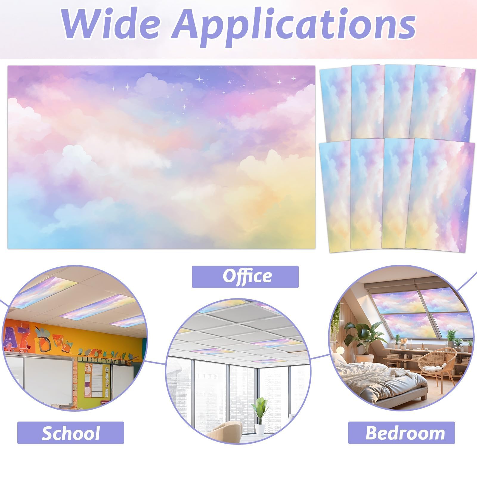Wiooffen 8 Pcs Fluorescent Light Covers - 4x2 Feet, Polyester, Rainbow Color, Easy Install for Classroom & Office