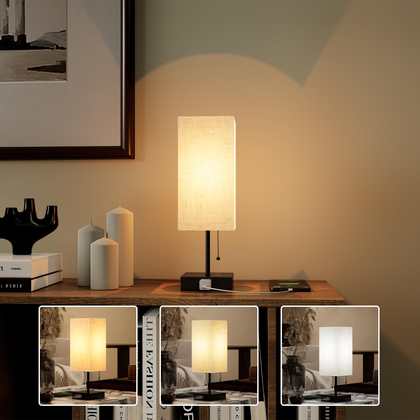 YIDPU Table Lamp for Bedroom, Adjustable 3-Color LED Light, Linen White, 1PCS, Includes Bulb and Shade