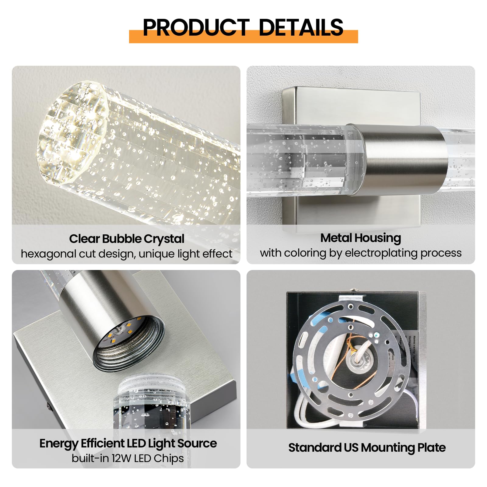CCYCOL Modern LED Wall Sconces, 4000K Dimmable, 18 Inch, Brushed Nickel, 2-Pack, Crystal Bathroom Vanity Light Fixture
