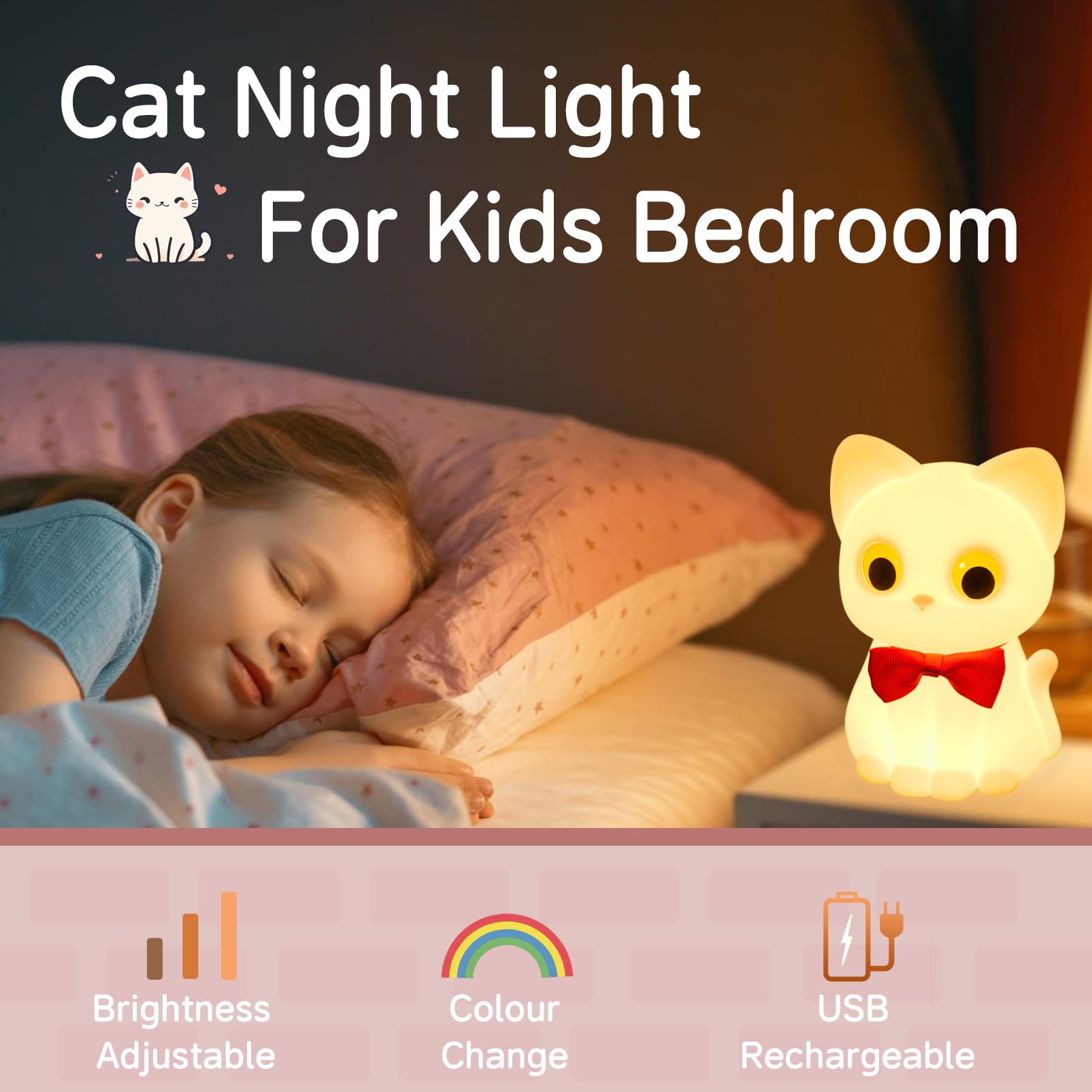 Smoorita Kitty Cat Night Light For Kids  Cute Cat Lamp Portable Silicone Animal Nightlight Rechargeable Nursery Light For Baby Toddler Room  Kawaii Gifts For Boys Girls