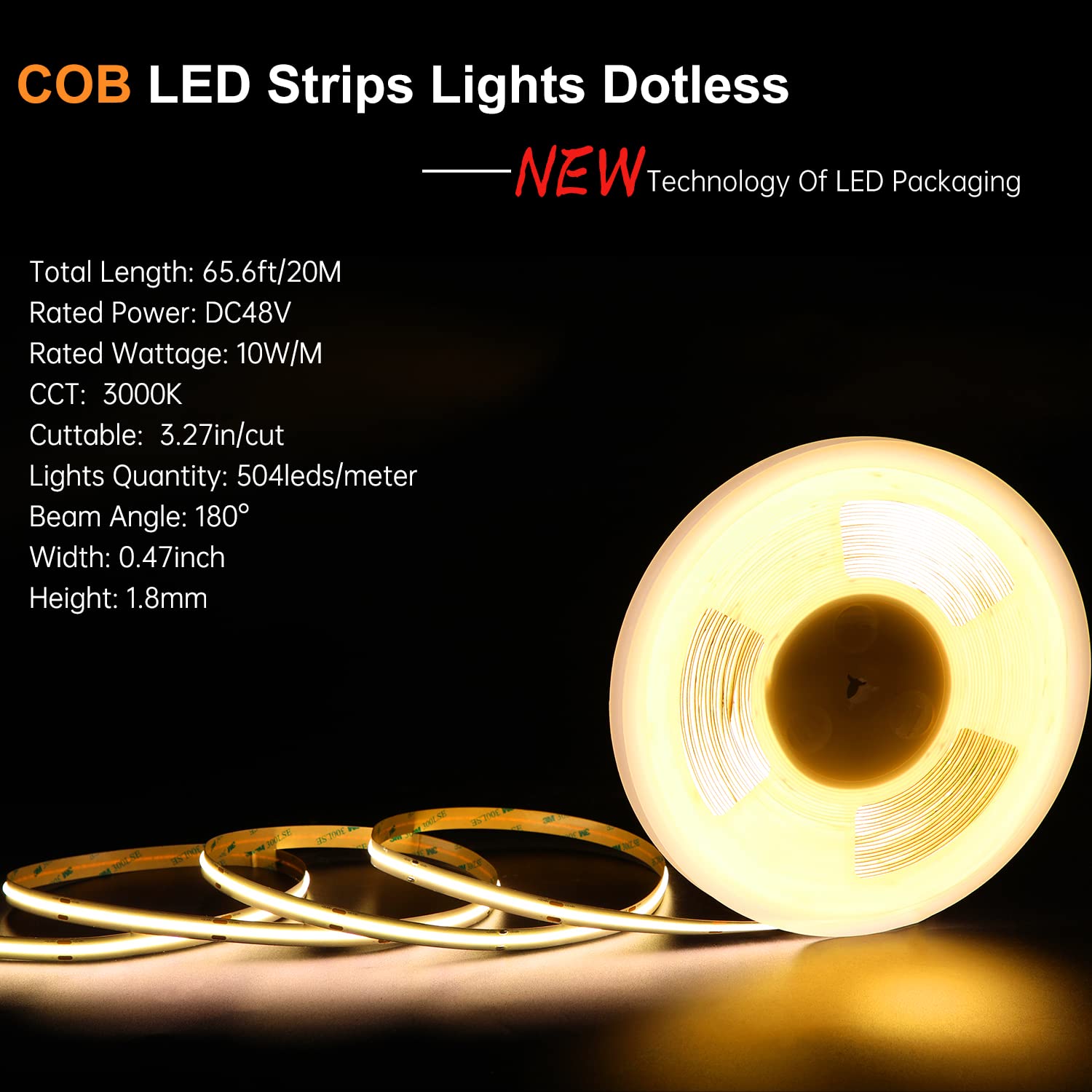 COB LED Strip Lights, 65.6ft/20m 3000K Led Lights Strip, 504LEDS/M DC48V LED Rope Lights, CRI90+ Flexible and 3M Tape Light for