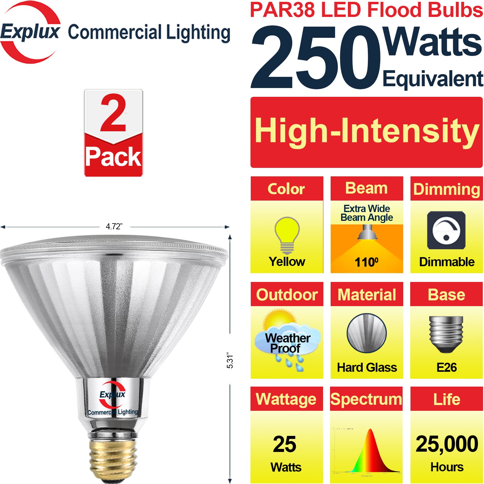Explux High-Intensity LED PAR38 Flood Light Bulb, 250W Equivalent, Waterproof, Dimmable, 2-Pack, Yellow, Model LL25W/PAR38/Yellow/020