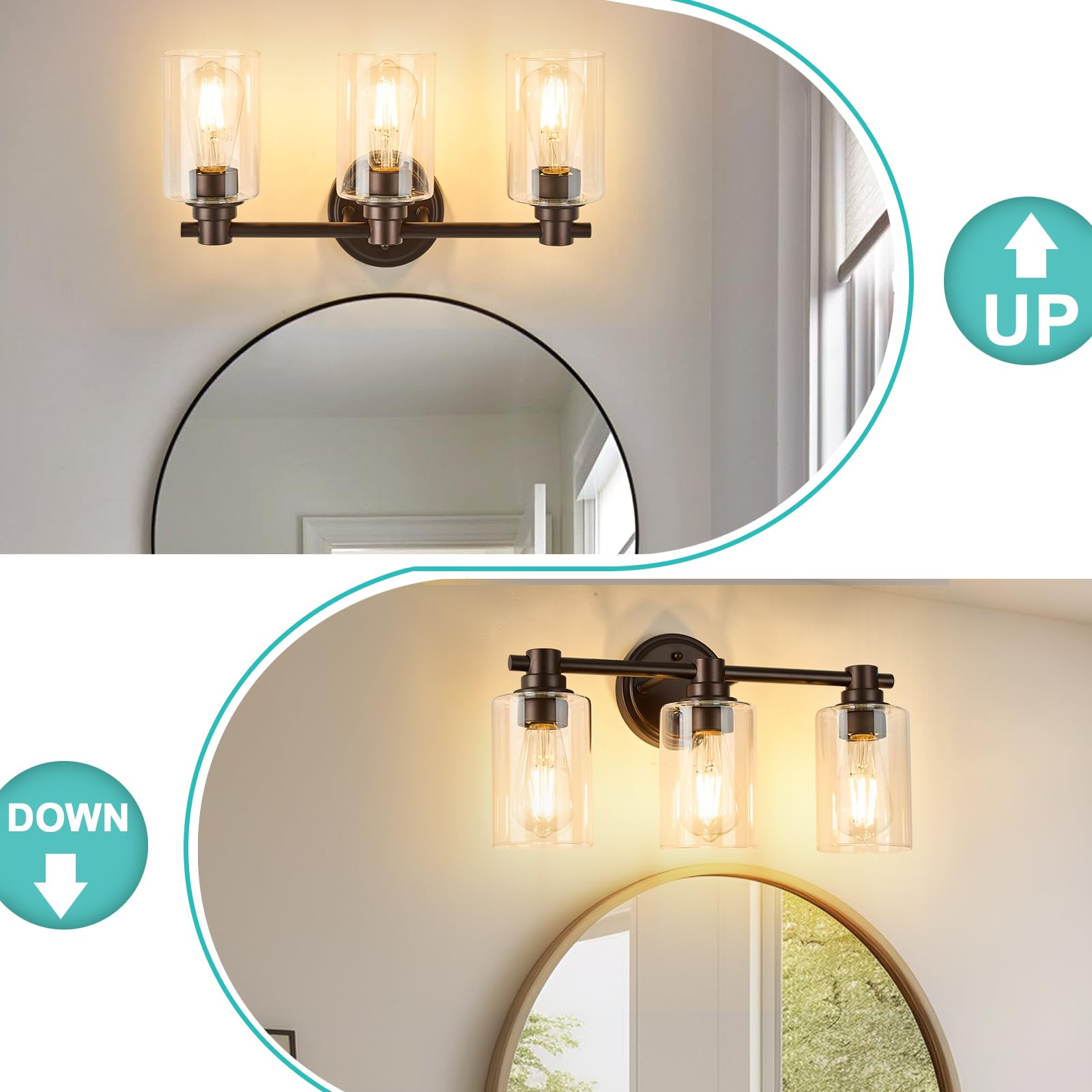 ALAISLYC Bathroom Light Fixture Sconce, 3 Lights, Oil-Rubbed Bronze, Clear Glass, Model ALAISLYC, Ideal for Vanity, Living Room, Hallway