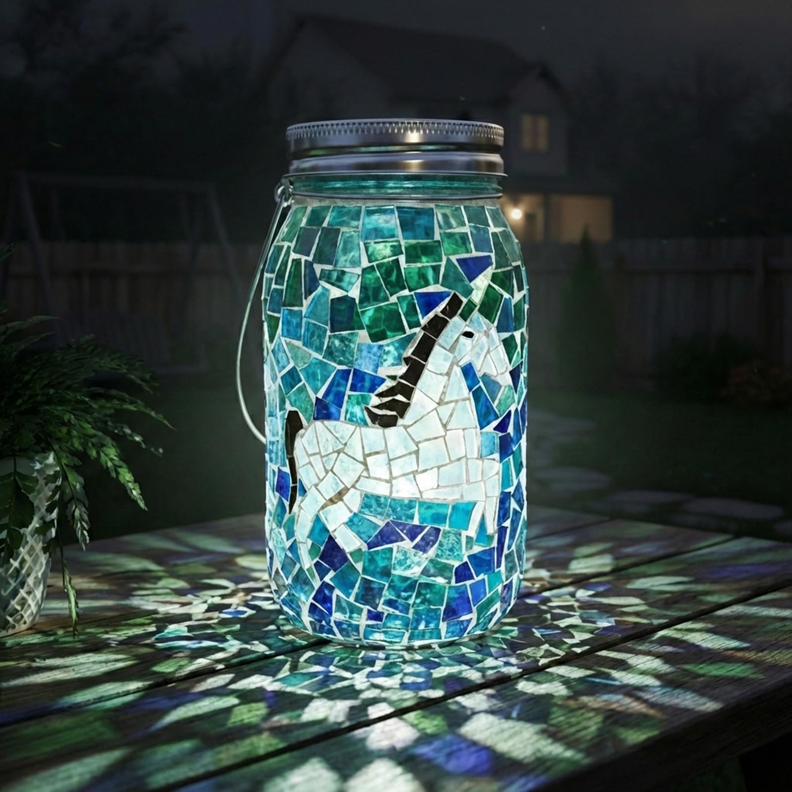 7.5 Large Mosaic Solar Lantern Outdoor: Gradient Emerald Azure Stained Glass Jar Decorative Silhouette Hanging Lights for Garden