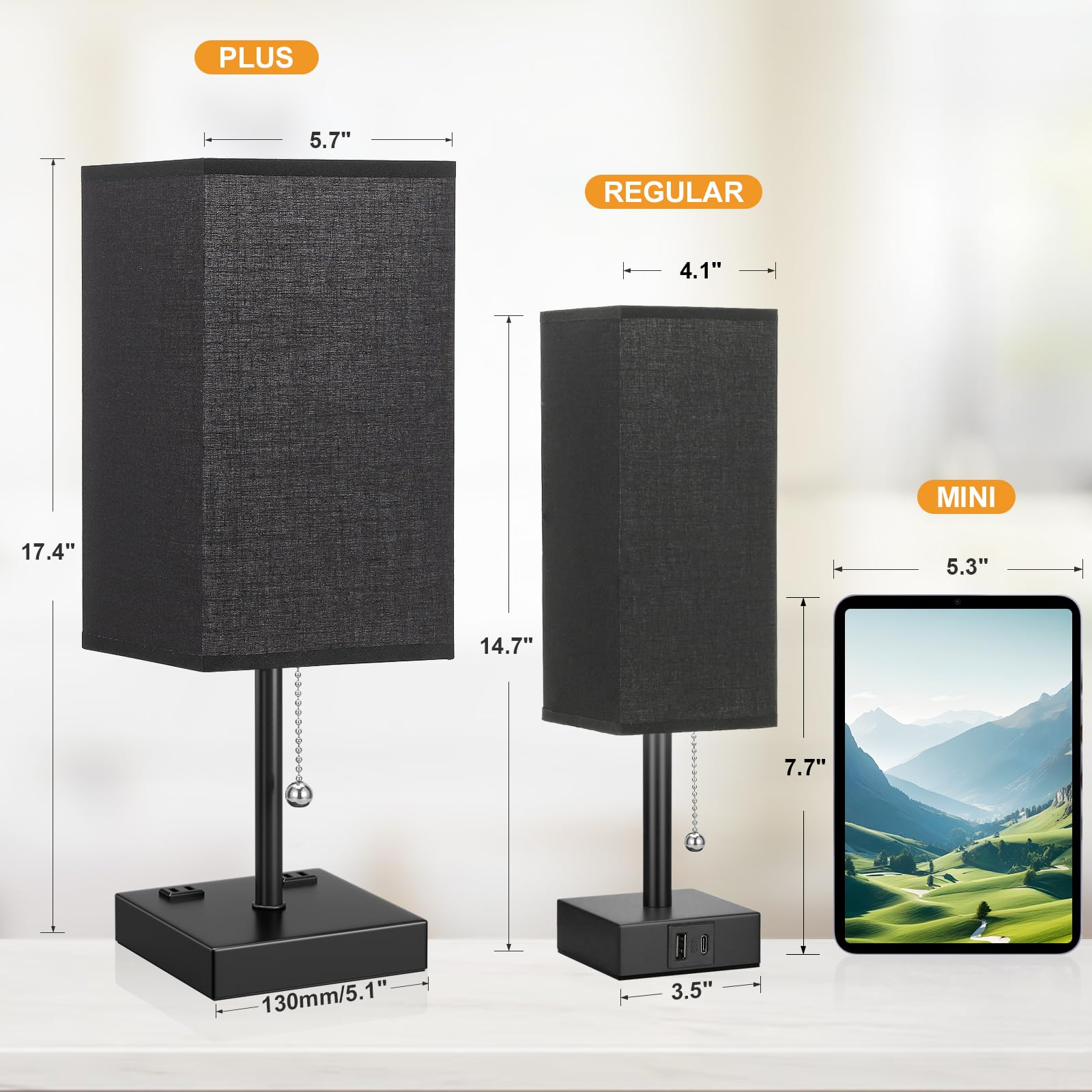 aooshine Black Table Lamp - 3 Color Temperatures, USB A/C Ports, AC Outlets, 17.4in Metal Bedside Light, Model 10-14-15