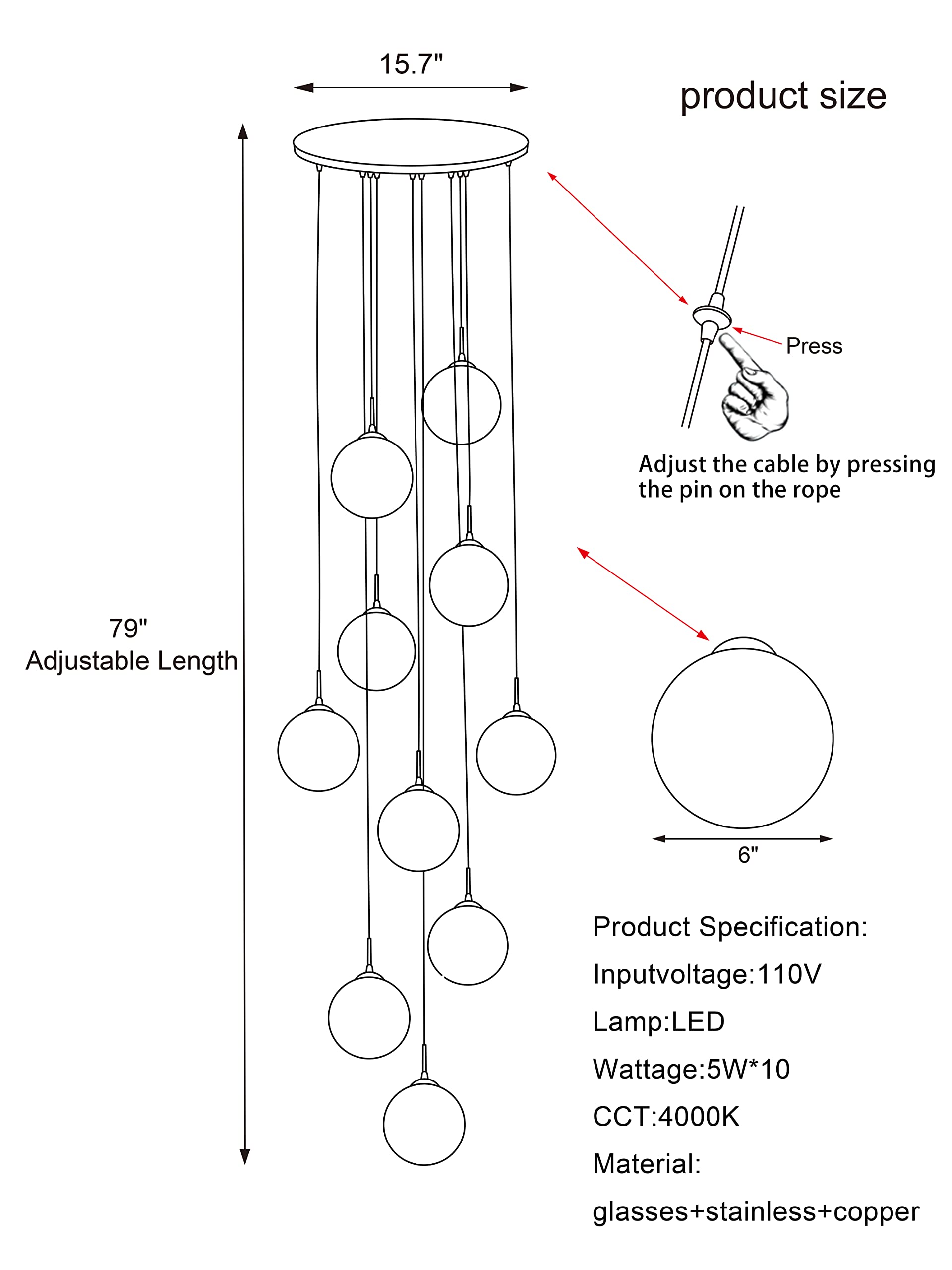 KAUCQI 10-Light LED Staircase Chandelier, Gray Metal Modern Lighting Fixture, Adjustable Length, Model ZG-1001