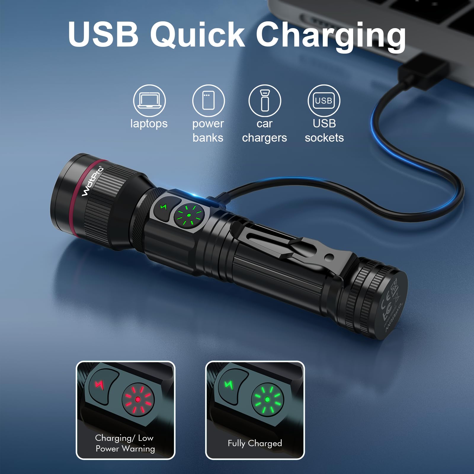 Wdtpro 2000 Lumens Rechargeable Led Flashlight, 5 Modes, Waterproof, Tactical With Clip