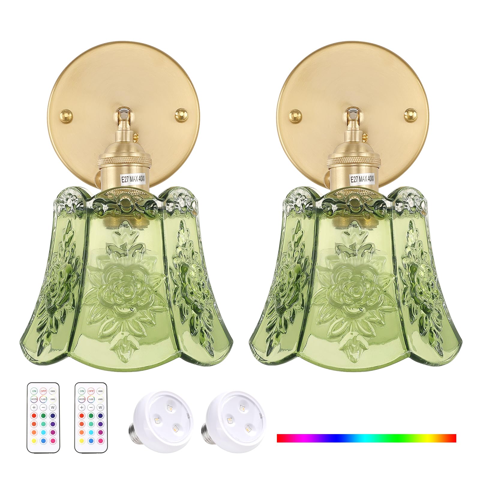 Shenmoyl Vintage Battery Operated Wall Sconces, RGB Dimmable LED, Remote Control, Glass, 2 Pack, Rose Green