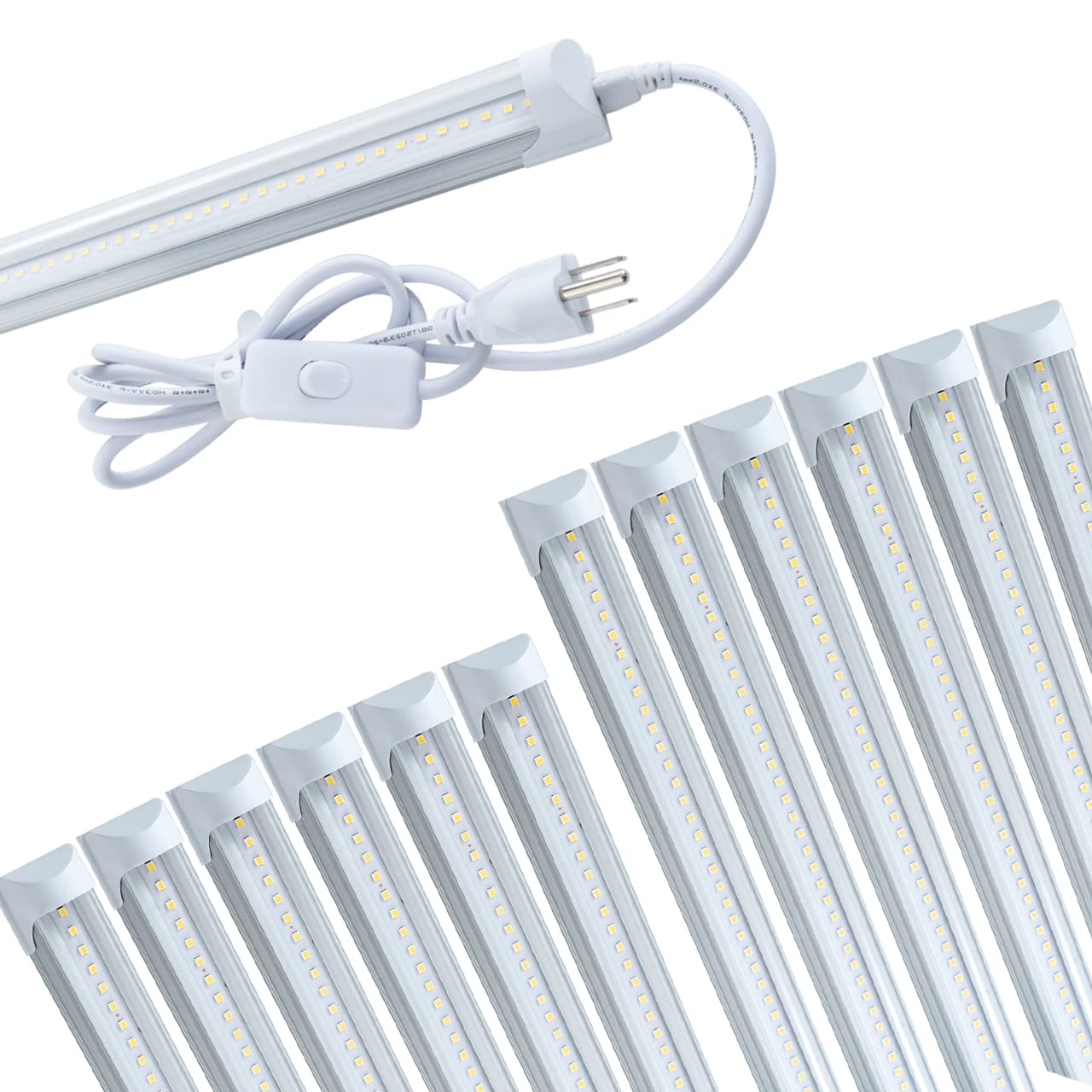 (Pack Of 12)T8 4Ft Led Integrated Tube Light Fixture, 24W Shop Light With On/Off Switch Power Cord,6000K Supper White,Clear Cove