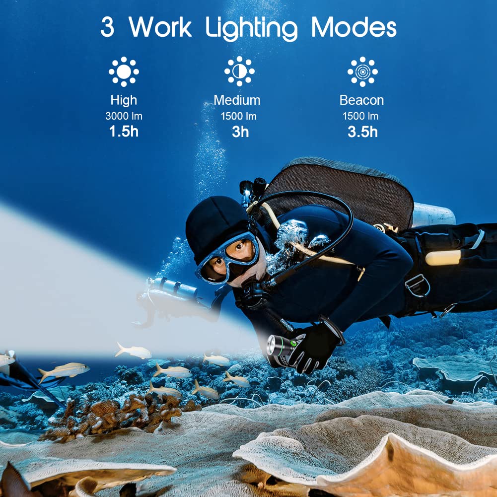 APLOS AP30 3000lm Diving Flashlight - IPX8 Waterproof, Aluminum, Black, 3 Modes, Rechargeable