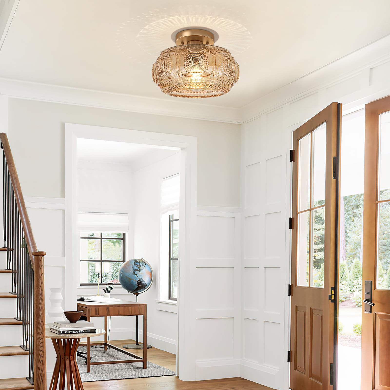 Oykyohei Semi Flush Mount Ceiling Light  Upgraded Larger Amber Glass Ceiling Light Fixture  Vintage Lighting For Hallway Kitchen Bedroom Dining Room  Bulb Not Included