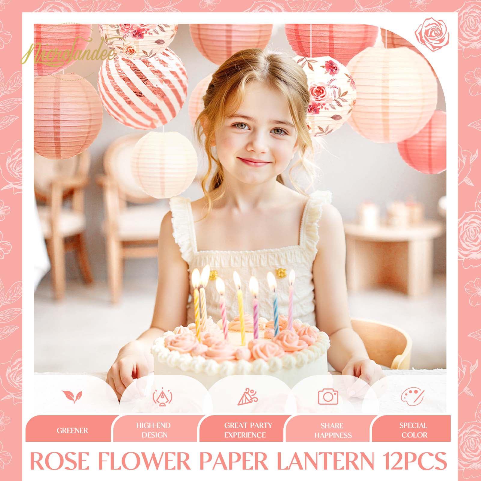Nicrolandee 12Pcs Rose Gold Paper Lanterns - Vintage Floral Hanging Decorations For Weddings, Baby Showers, Anniversaries, And Birthdays