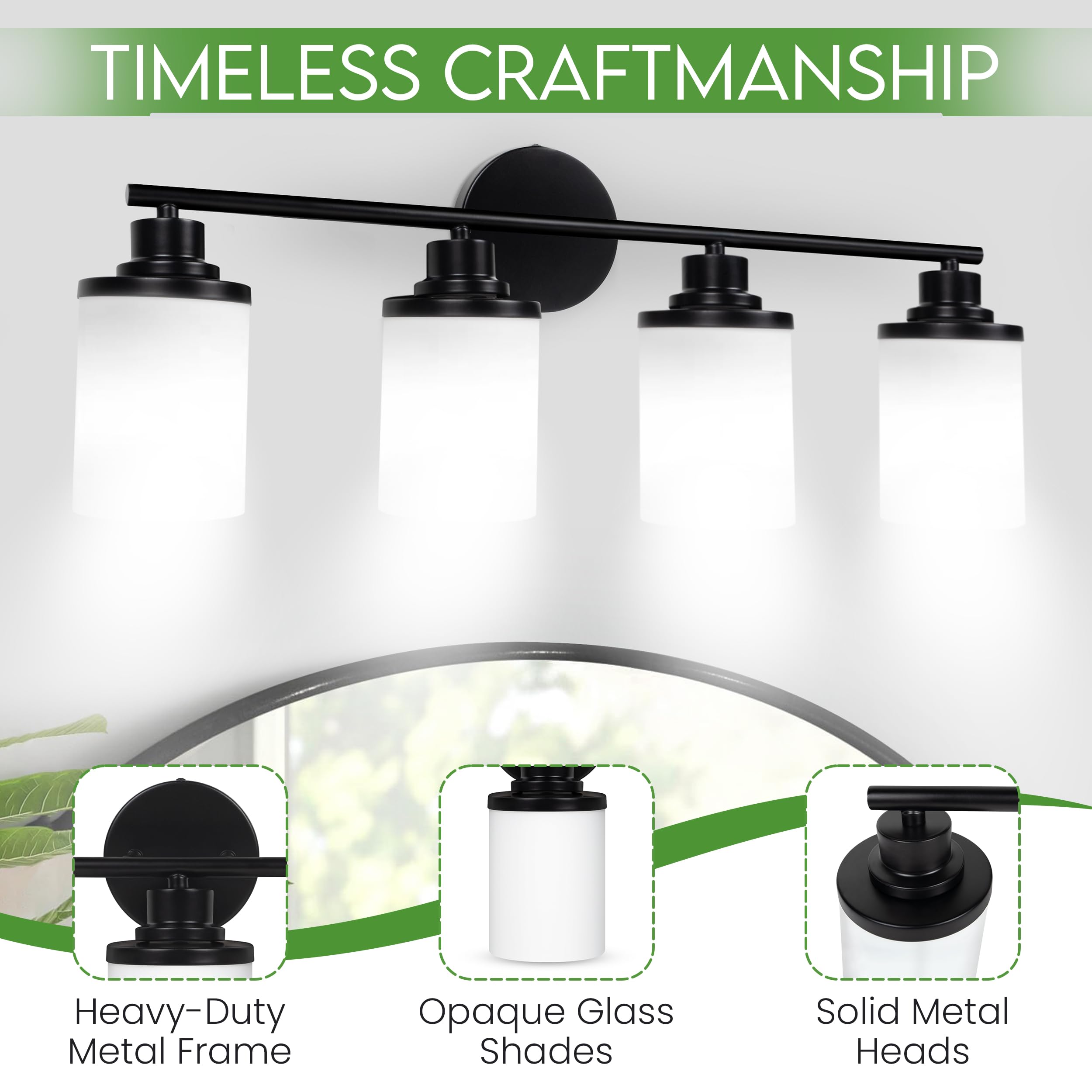 Holim Modern Bathroom Light Fixtures, 4-Light Metal Vanity Lights, Black, Model HM1904