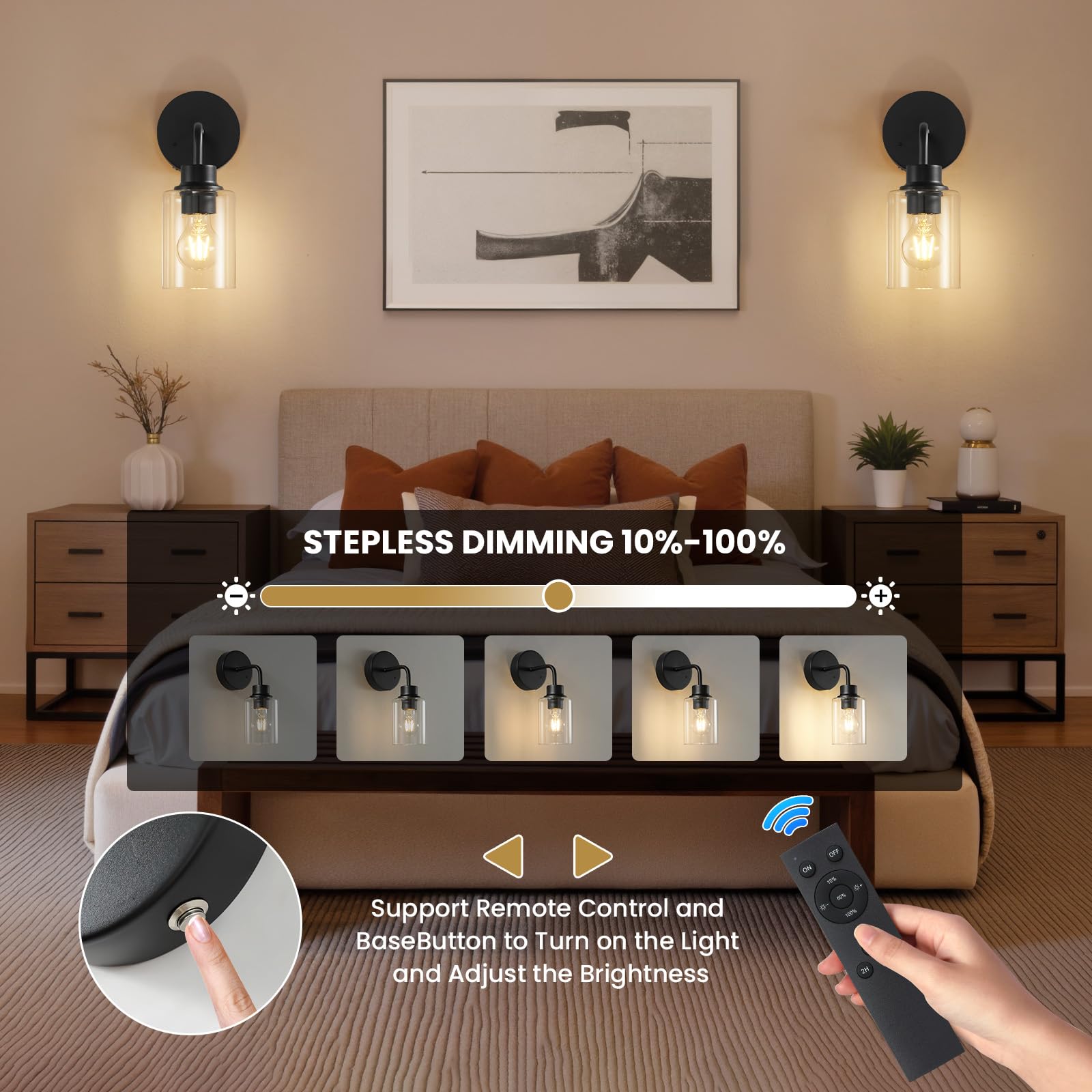 Epinl Battery Operated Wall Sconce Set of 2, Dimmable Wireless Lamps, Rechargeable, Black, Model 8210