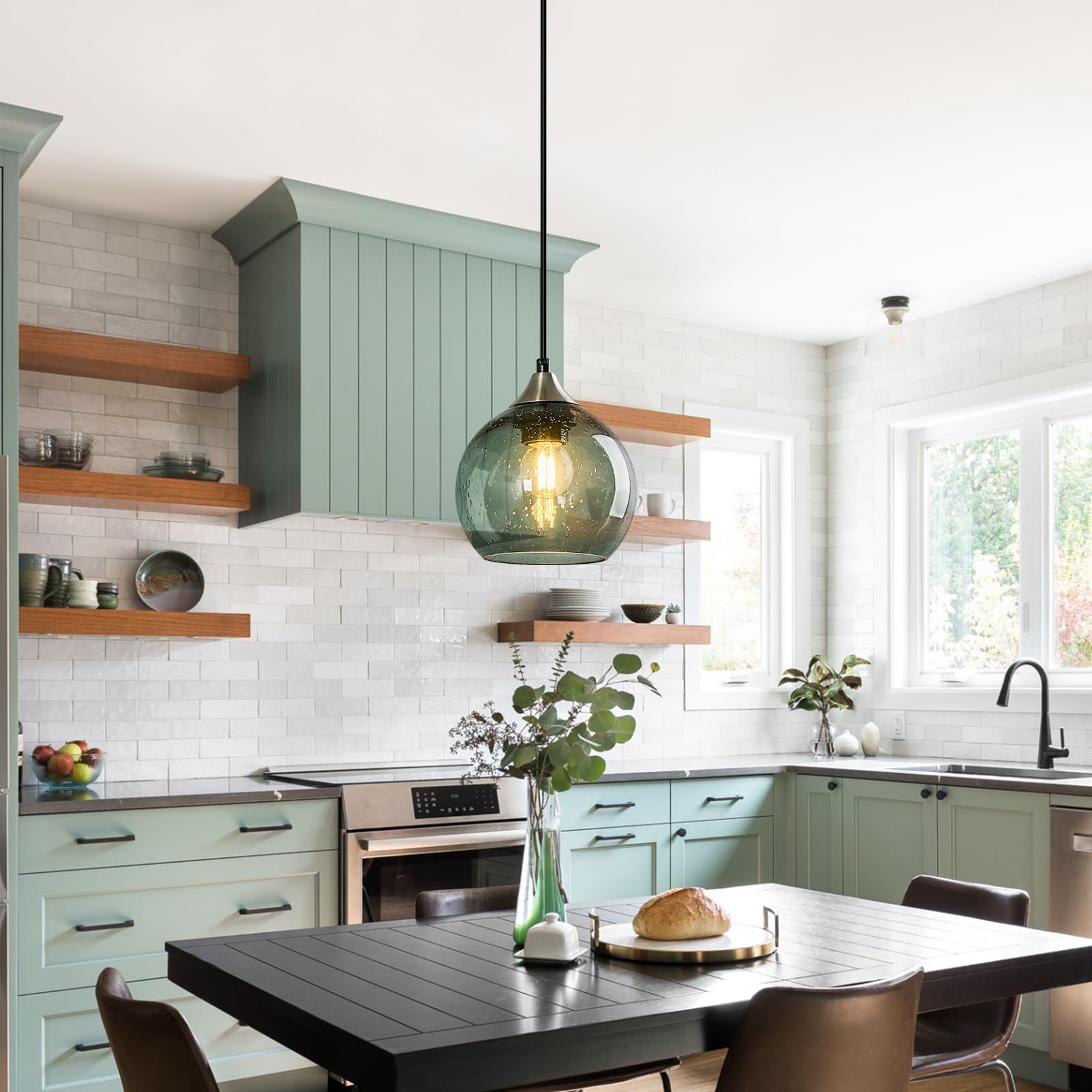 LBSQJ Glass Pendant Light Fixture - Modern Gray Green Globe Pendant for Kitchen Island, Bedroom, Dining Room - 5.9in, 1-Pack, Model LBSQJ-460