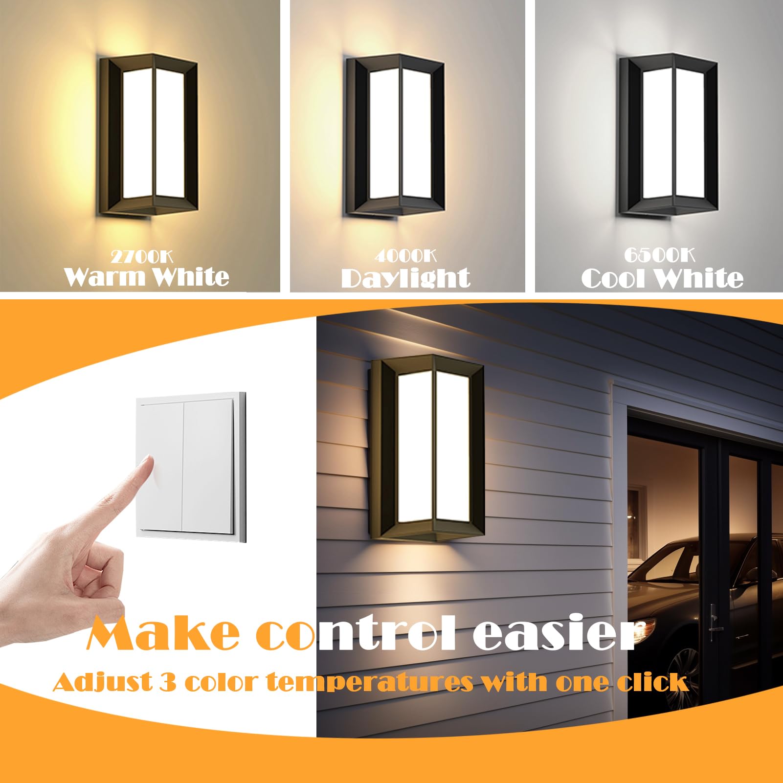 Iyogaled Black Outdoor Light Fixtures Wall Mount, Ip65 Aluminum Modern Outdoor Porch Light, 12W 3000K 4500K 6000K Outdoor Wall L