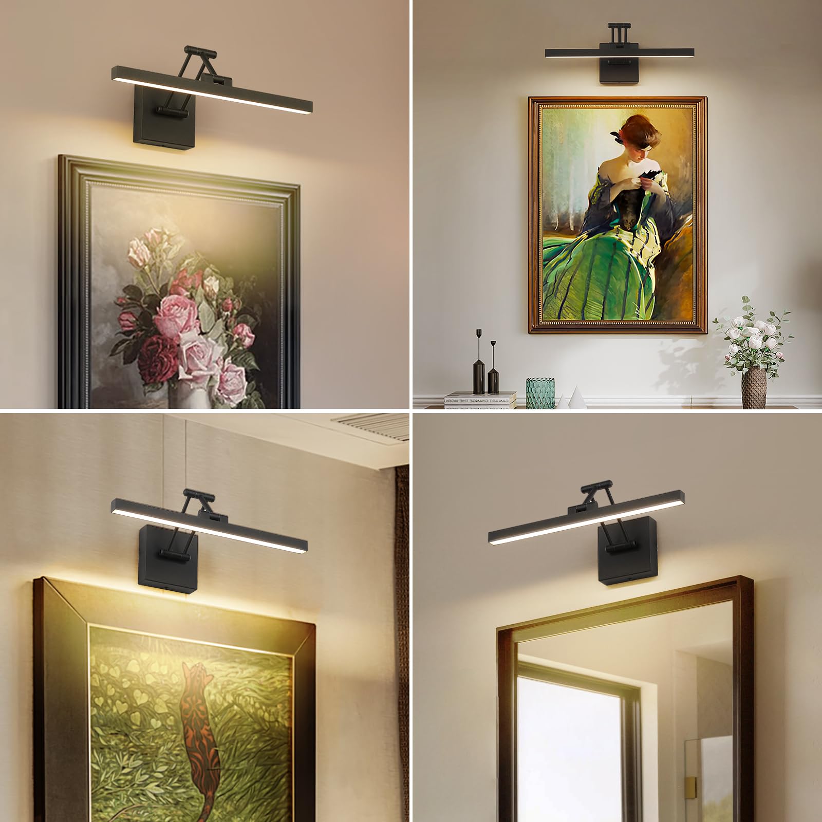 Pasoar Hard-Wired Picture Light Dimmable Led Picture Lights For Paintings 15.7" Inch Black Metal Body Wall Pictures With Adjustable Swing Arm Art Display Lamps 7W 3000K Warm White Book Light