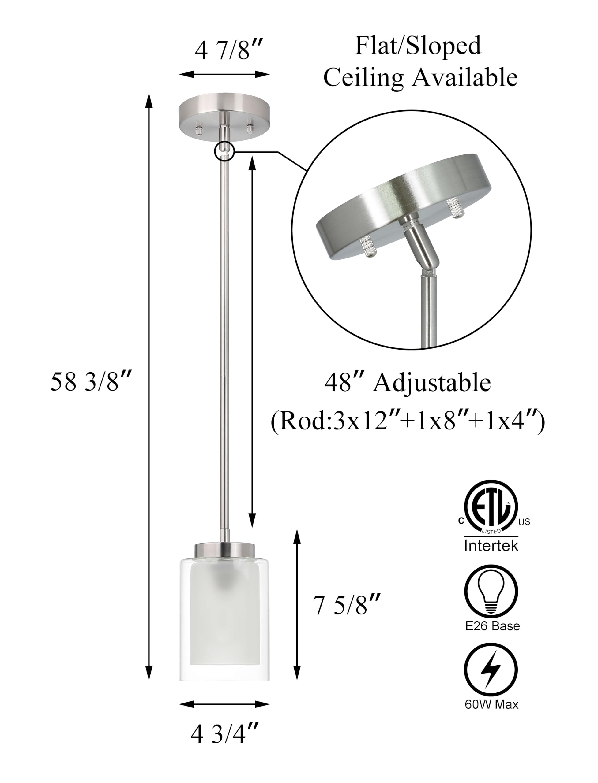 Xinbei Lighting Pendant Lighting Modern 1 Light Mini Pendant Light With Dual Glass In Brushed Nickel, Adjustable Hanging Ceiling