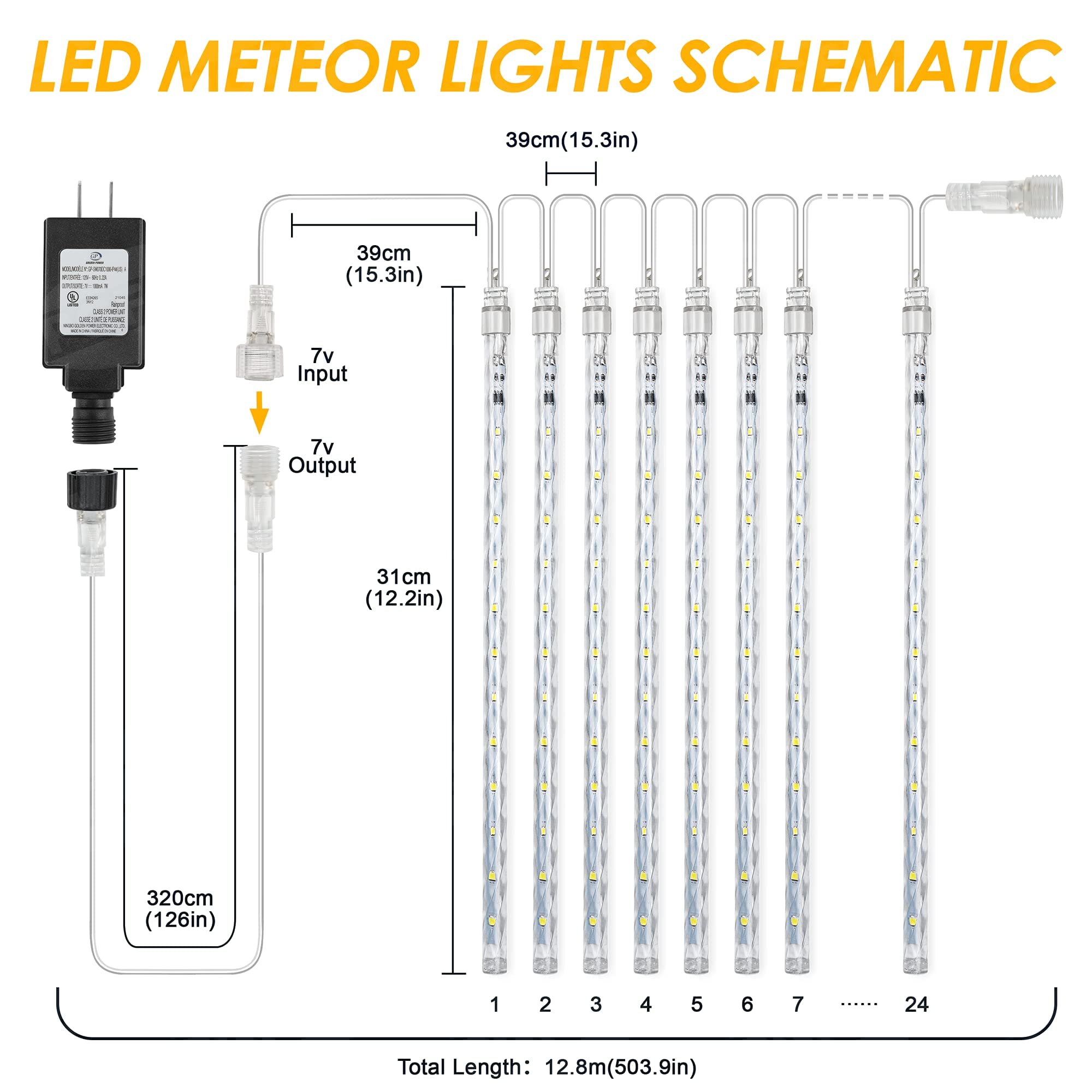 PGFUN Meteor Shower Icicle Lights 576 LEDs, 24 Tubes, White, Holiday Decoration