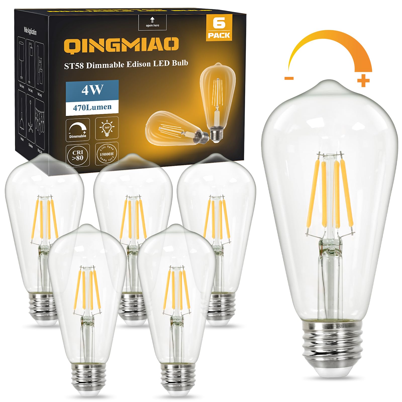 Qingmiao Vintage Led Edison Bulbs, St58 Dimmable 4W E26 Led Bulb 40W Equivalent, 3000K Soft White Led Light Bulbs, Antique Led F