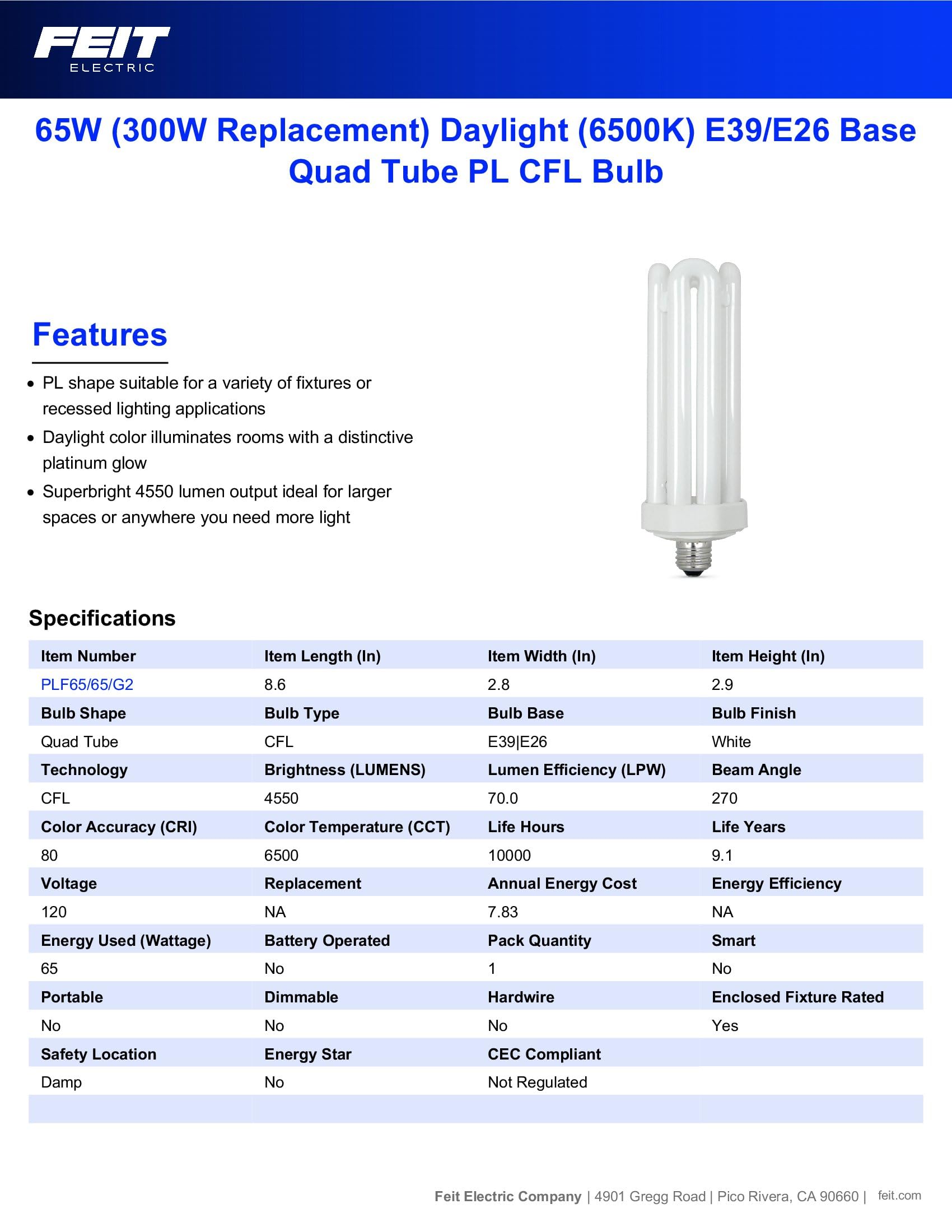 Feit Electric CFL Quad Tube Light Bulb, 300W Equivalent, 6500K Daylight, 65W, PLF65/65, E26 Base with Mogul Adapter,