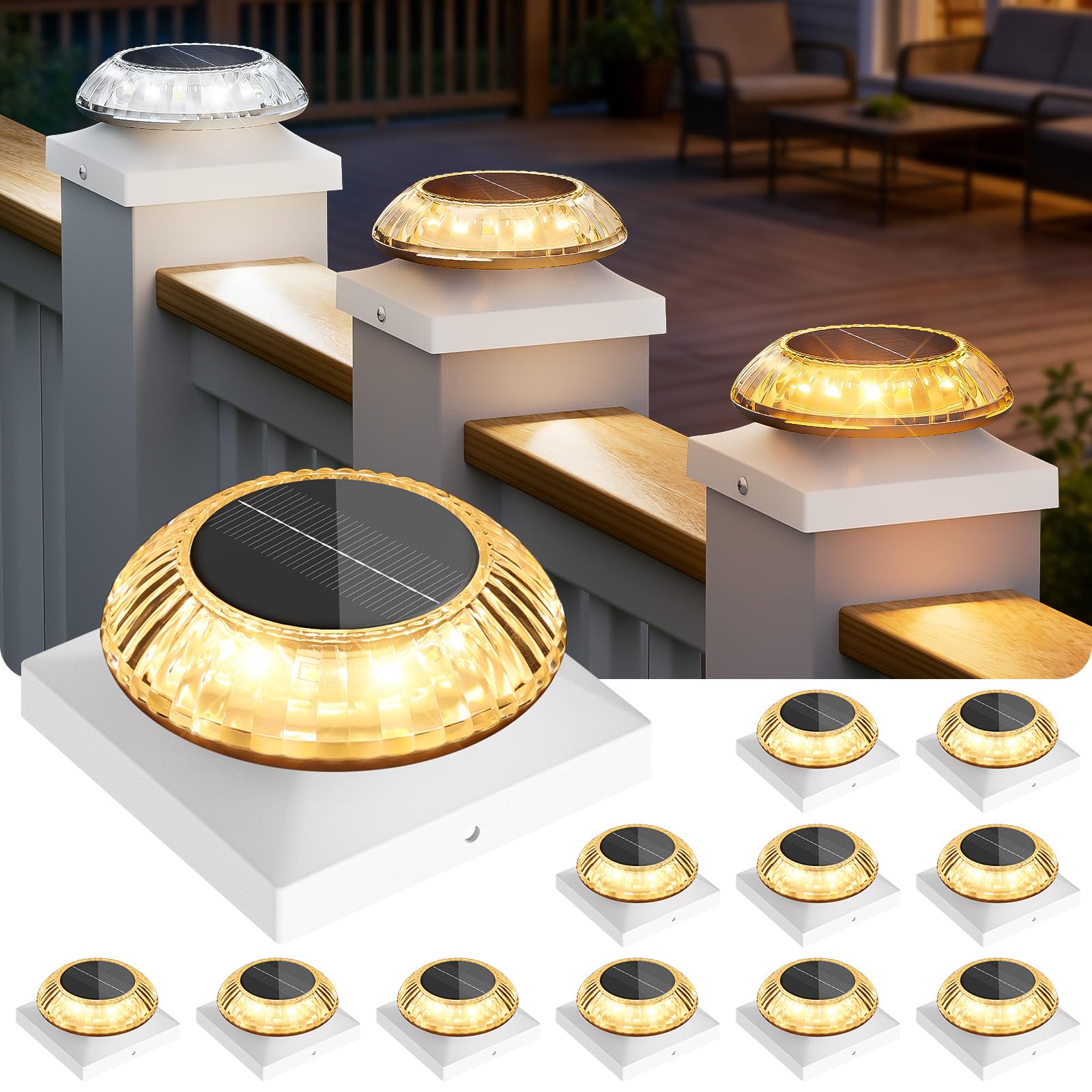 VOLISUN Solar Post Cap Lights 12pack, White Solar Fence - Post Lamps Outdoor Waterproof, with Warm/Natural/Cool Light,for 4x4 Wo