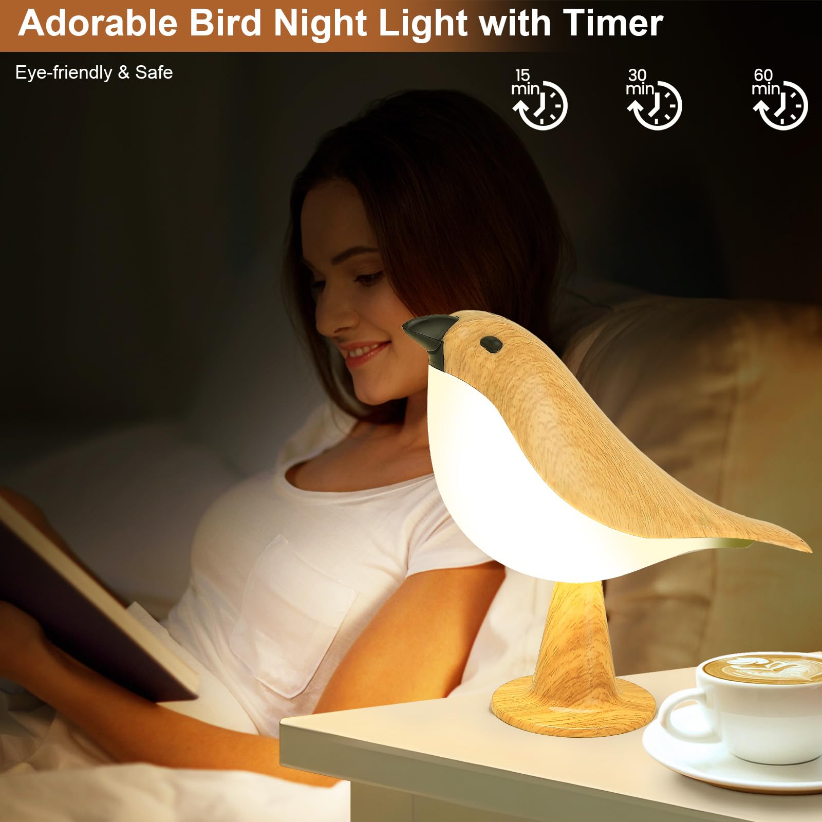 VoMii Small Bird Table Lamp, Remote Control, Timer, 3-Color Dimmable, Rechargeable, Portable, Warm/Cool Light, Model 1