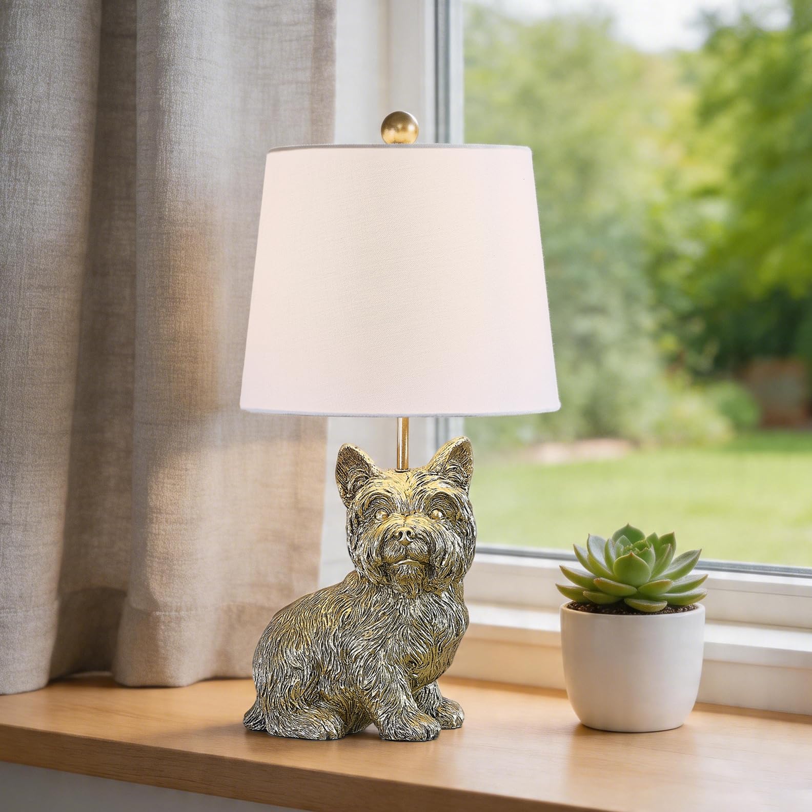 Crestview Collection Yorkie Table Lamp, 22 H Gold Resin Dog Lamp with White Linen Tapered Drum Shade, Sculpted Animal Lamp for B