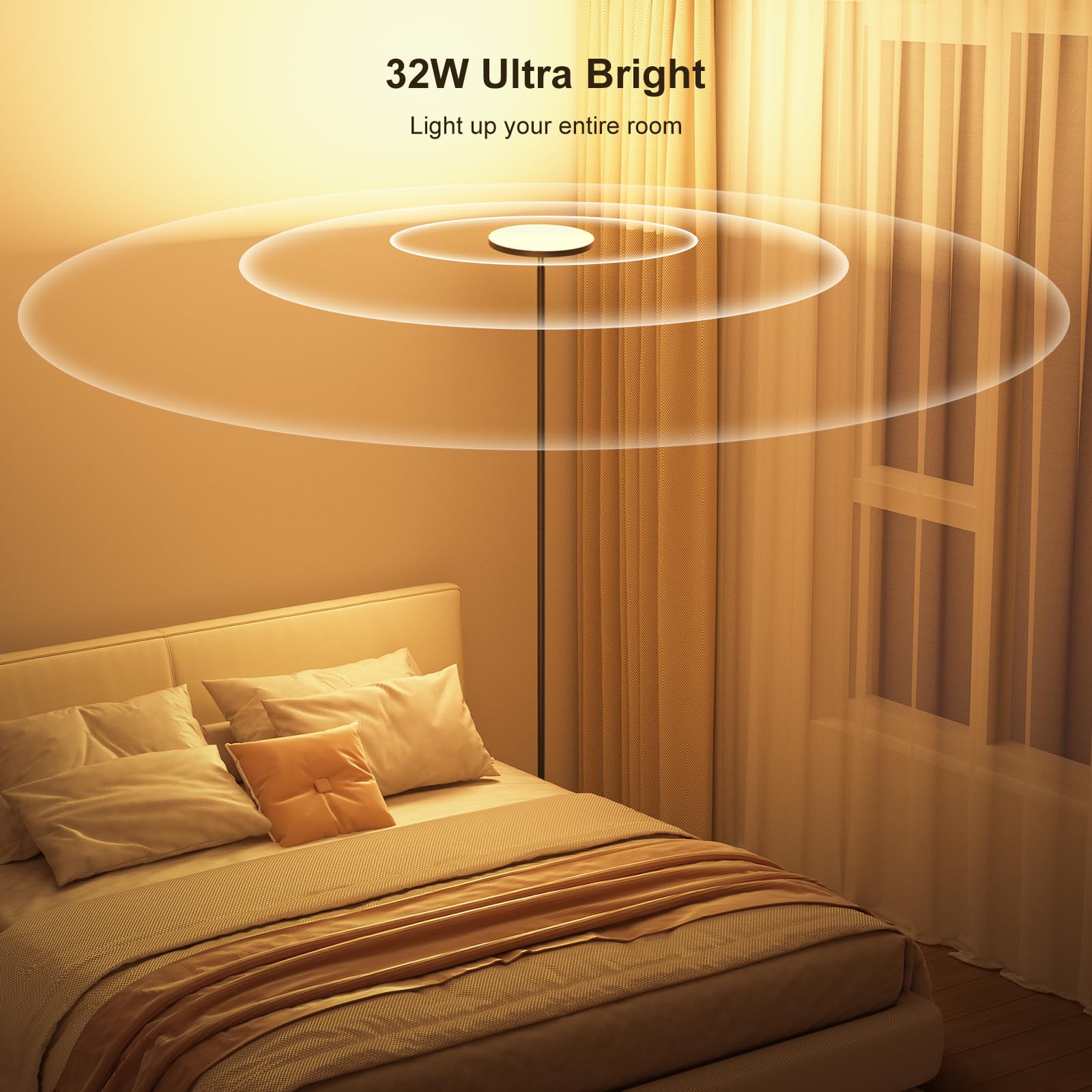 FULSUNT RGB Torchiere Floor Lamp, 32W/3200LM, Remote Control, Stepless Dimming, 69in Tall, Brown, Model FLD-036-F2