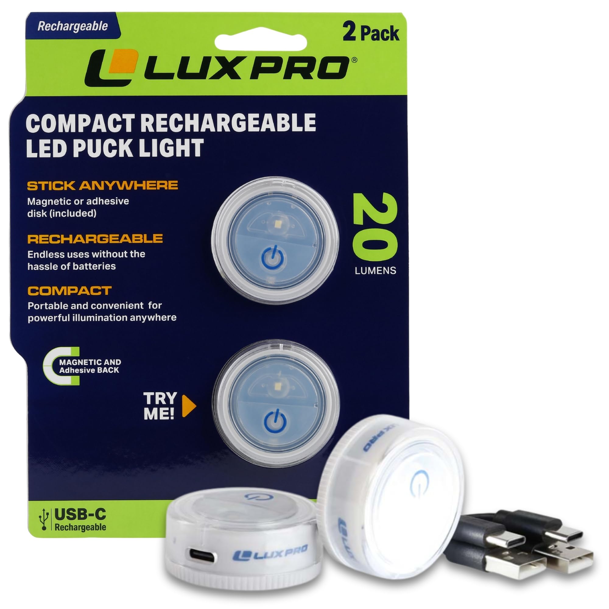 LUXPRO Waterproof Micro LED Puck Lights - Rechargeable, Adhesive, 2 Pack - White, Model LP175