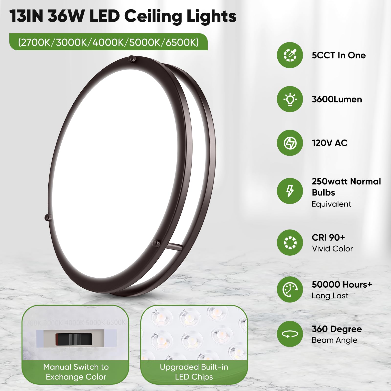 TOBUSA 2-Pack LED Ceiling Lights 36W 13 Inch Oil-Rubbed Bronze Flush Mount 5CCT Model 63633009-04