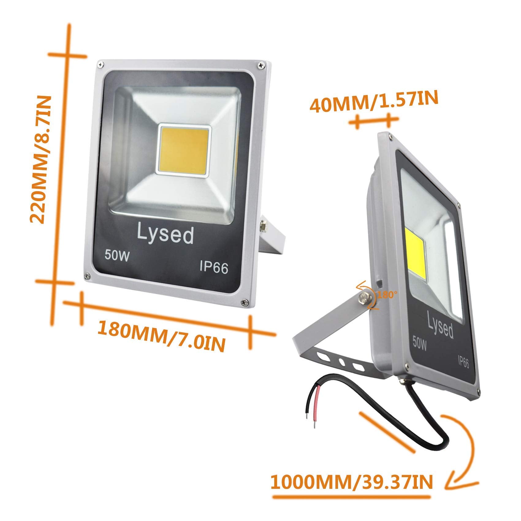Lysed 50W LED Flood Lights 2-Pack, 12V Waterproof Outdoor Security Lights, Cool White, Aluminum, Model Lysed-50W-LED-Flood-Lights
