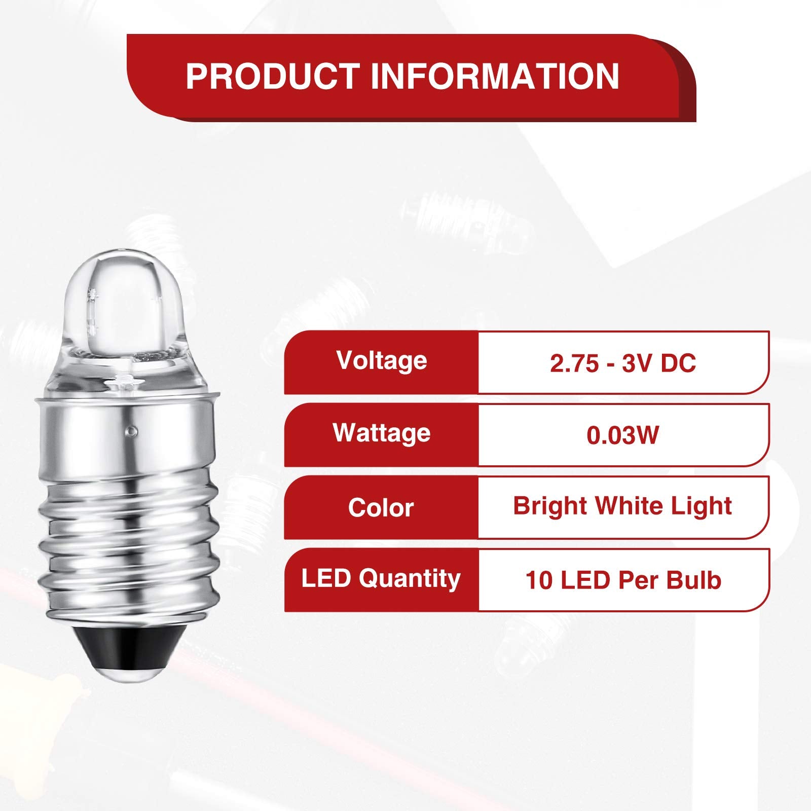 Honoson 10 Pieces E10 Led Bulbs 3 Volt Miniature Flashlight E10 Replacement Bulbs Mini Lamps Cool White