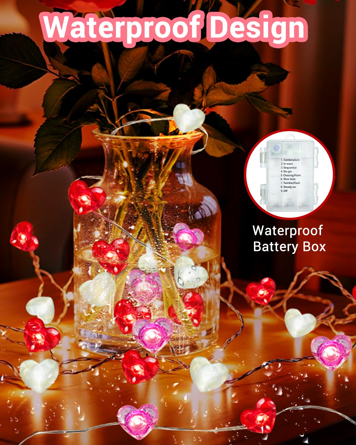 btfarm 16.4FT 50 LED Heart Shaped Fairy String Lights, Remote Timer, 8 Modes, Battery Operated, Waterproof, Pink