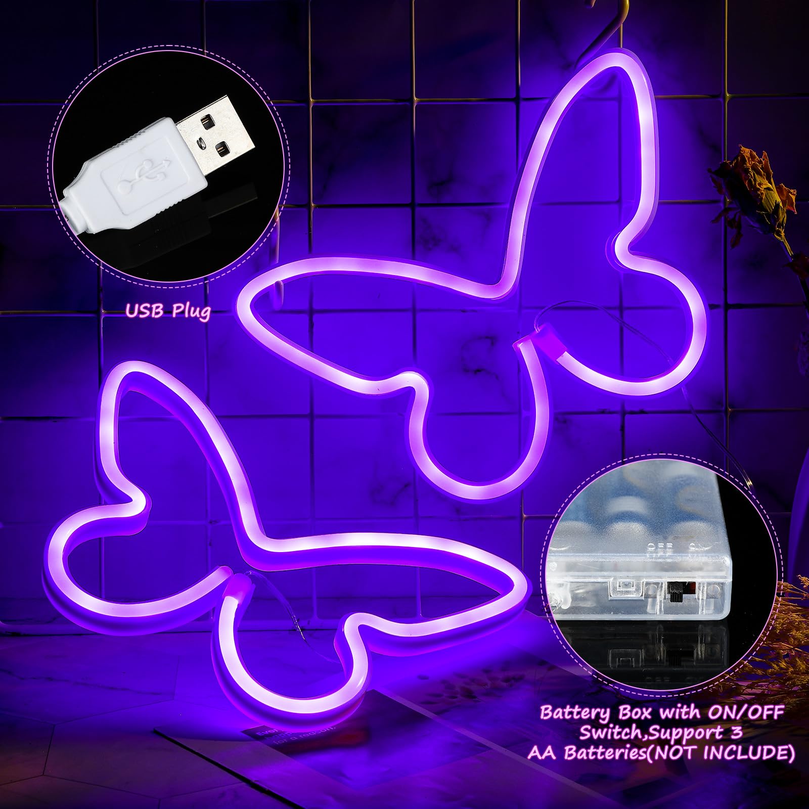 Riakrum LED Butterfly Neon Sign Light, USB & Battery Operated Wall Decor, Purple, Model SW-Riakrum-2641, 2 Pcs for Home & Party