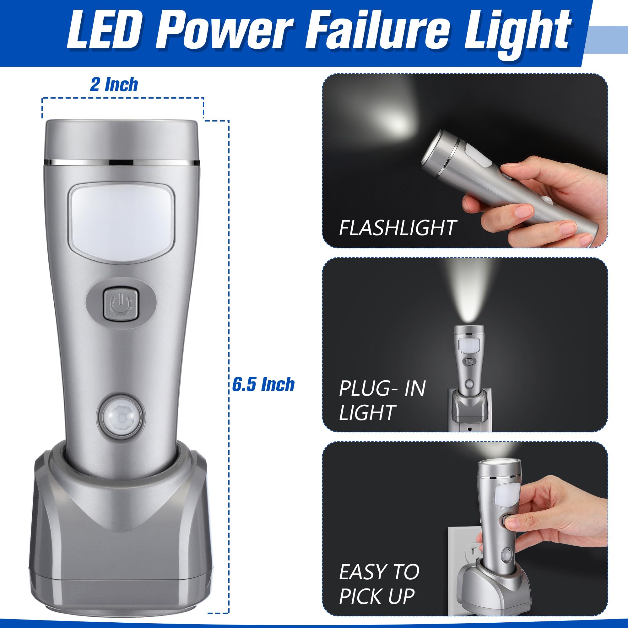 Enhon 4 In 1 Led Rechargeable Plug In Flashlights, 6 Pack Led Emergency Lights For Home Power Failure Emergency, Plug In Power Outage Light, Power Failure Light With Motion Detection (Silver)