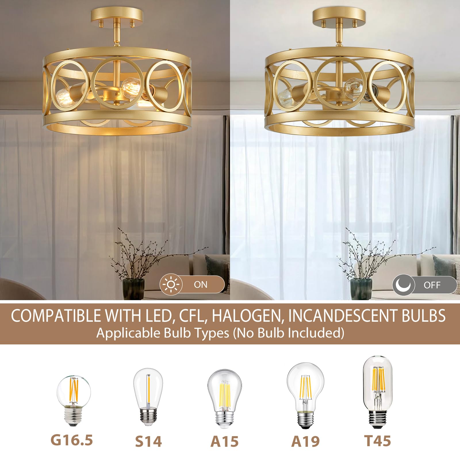 peskoe Gold Ceiling Light 3-Light Drum Pendant Fixture 13inL x 13inW x 6.1inH Farmhouse Chandelier