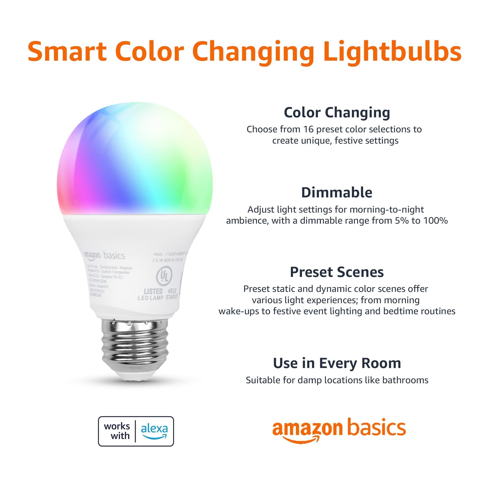 Amazon Basics Smart A19 LED Light Bulb, Color Changing, 60W Equivalent, 800LM, 4-Pack, Works with Alexa, No Hub Required