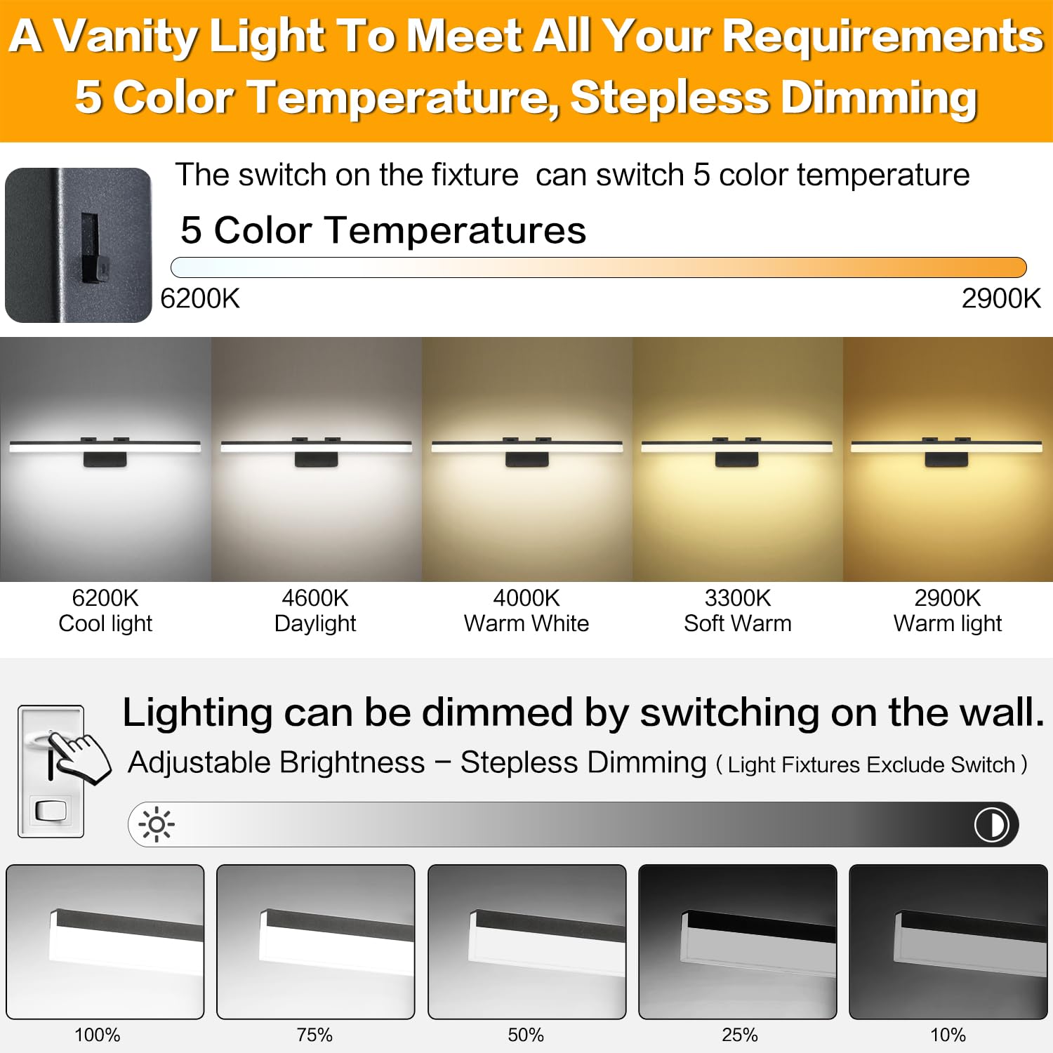 SOLFART Vanity Lights Over Mirror, 31.5 Inch, 5 Color Temperature, Dimmable, Aluminum, Matt Black, Model 8778-810mm-BK-5CCT