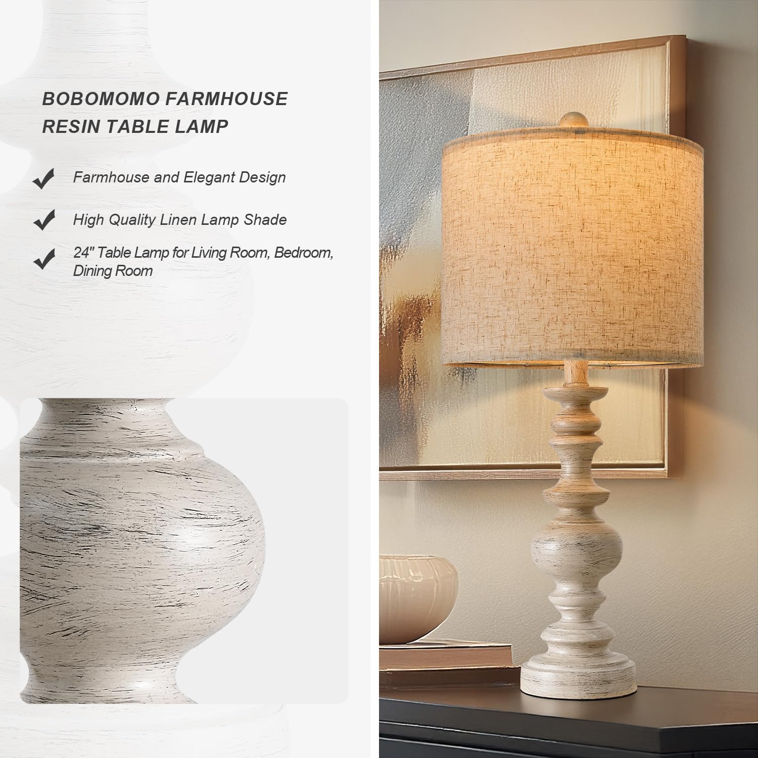 Bobomomo 24Farmhouse Resin Table Lamp Set Of 2, Vintage Lamps For Living Room Bedroom With Linen Shades, Traditional Rustic Beds