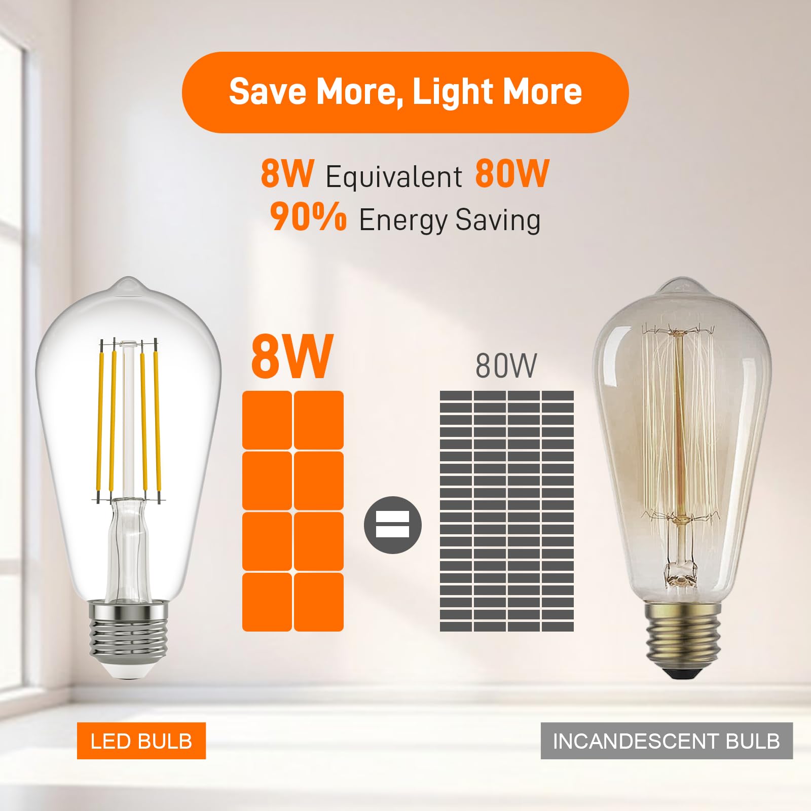 Kawaya E26 LED Edison Bulbs, 8W Equivalent, Dimmable, ST58, Clear Glass, 800 Lumens, 4000k Neutral White, 6 Pack