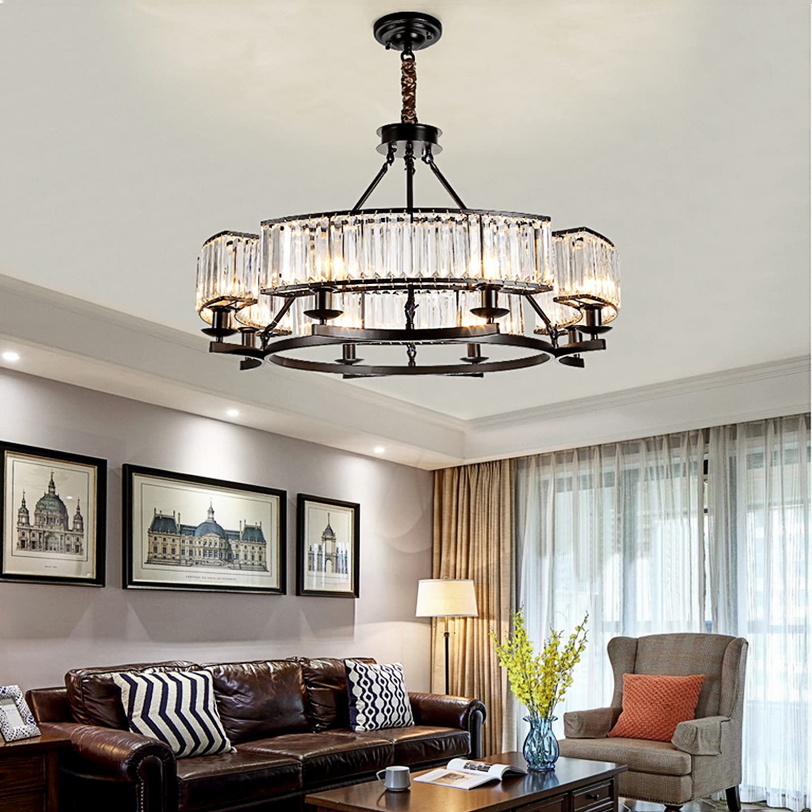 yomay Farmhouse Crystal Chandelier Pendant Light Fixture, Black, 31" for Dining Room & Foyer, Model YM-FBA-TY8L