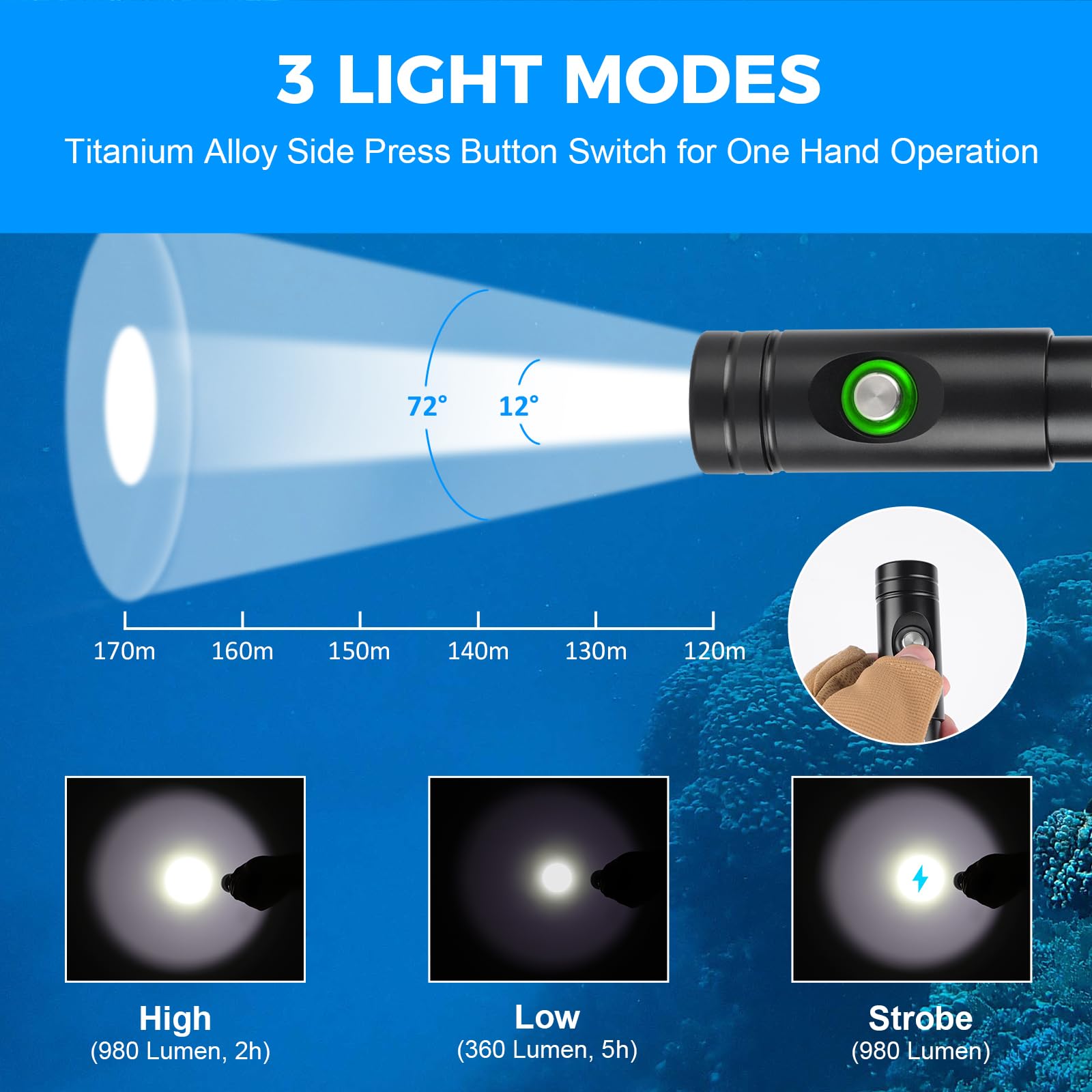 Odepro Wd12 Dive Light - 980 Lumens Compact Scuba Diving Backup Light With 3 Modes, Ip68 Waterproof Submersible Torch, Underwater Snorkeling Flashlight With Push Button (Black)
