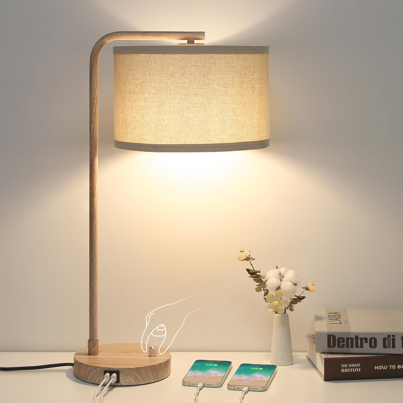 Farmhouse Table Lamp, Fully Dimmable Bedisde Lamp with Dual USB Charging Ports, Modern Nightstand Lamp, Tall Table Lamp Desk Rea