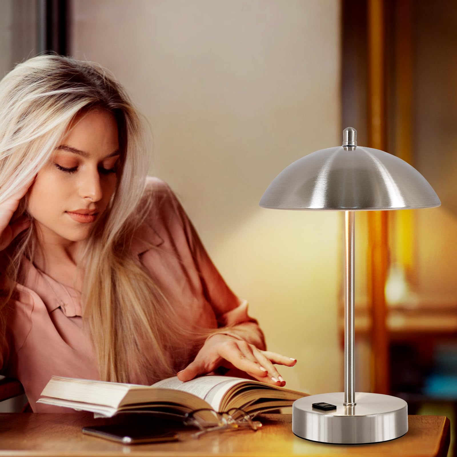 Modern Desk Lamp With Ac Adapter,12'' 3-Way Dimmable Touch Bedside Reading Lamp, Minimalist Silver Small Nightstand Table Lamp W
