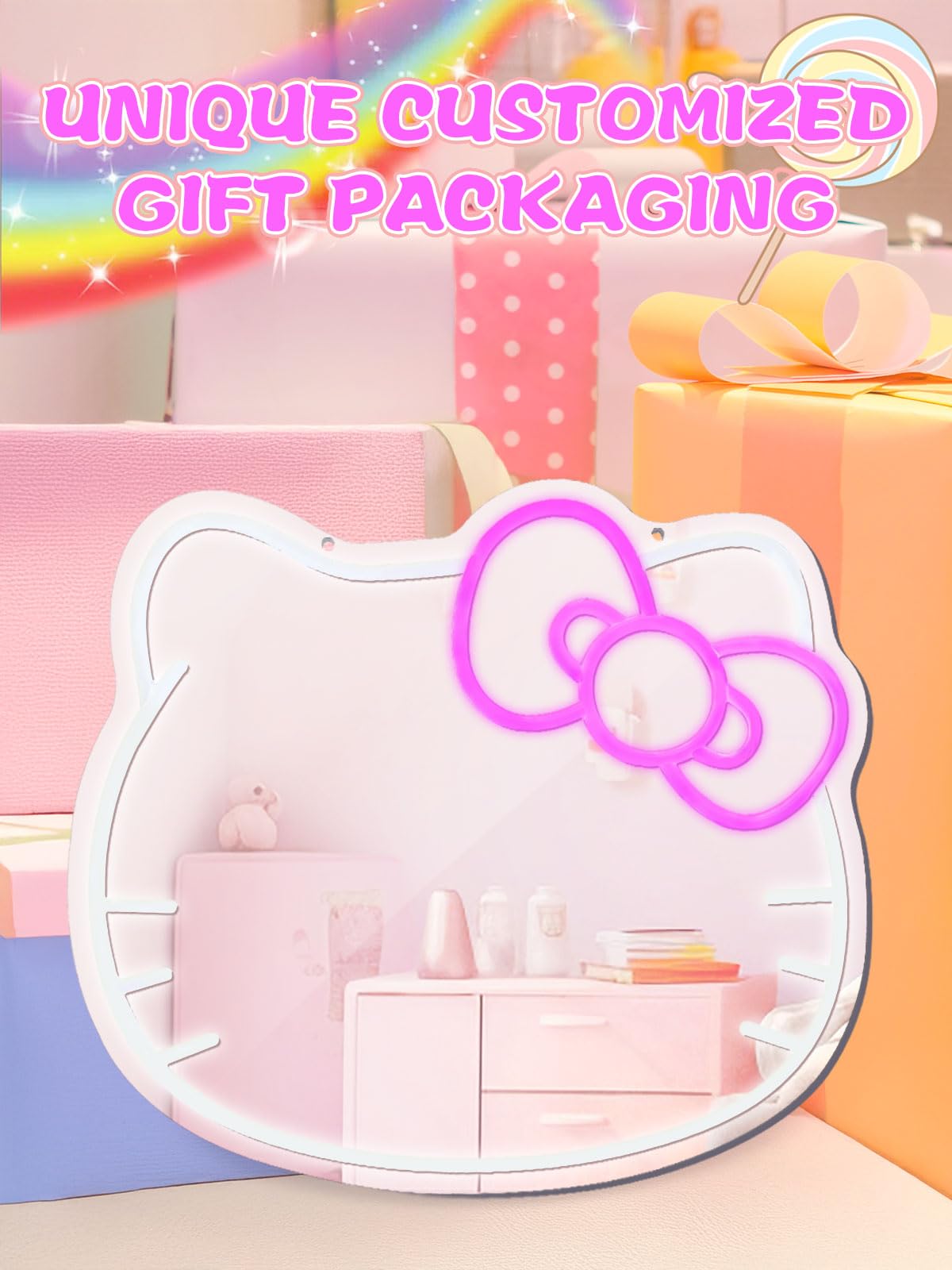 LUXUOSA Anime Mirror Vanity - Neon LED Wall Mirror with Remote, 13inL x 13inW, White, Perfect for Bedroom Decor and Gifts