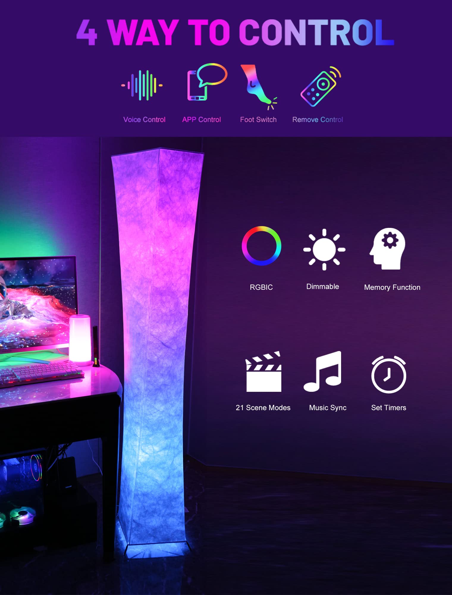 LEONC RGB+CCT Floor Lamp, 61in Smart Modern Design, Remote Control, 1800lm LED, Alexa Compatible, 16 Million Colors, Model LE-SF140RGB-AMZ