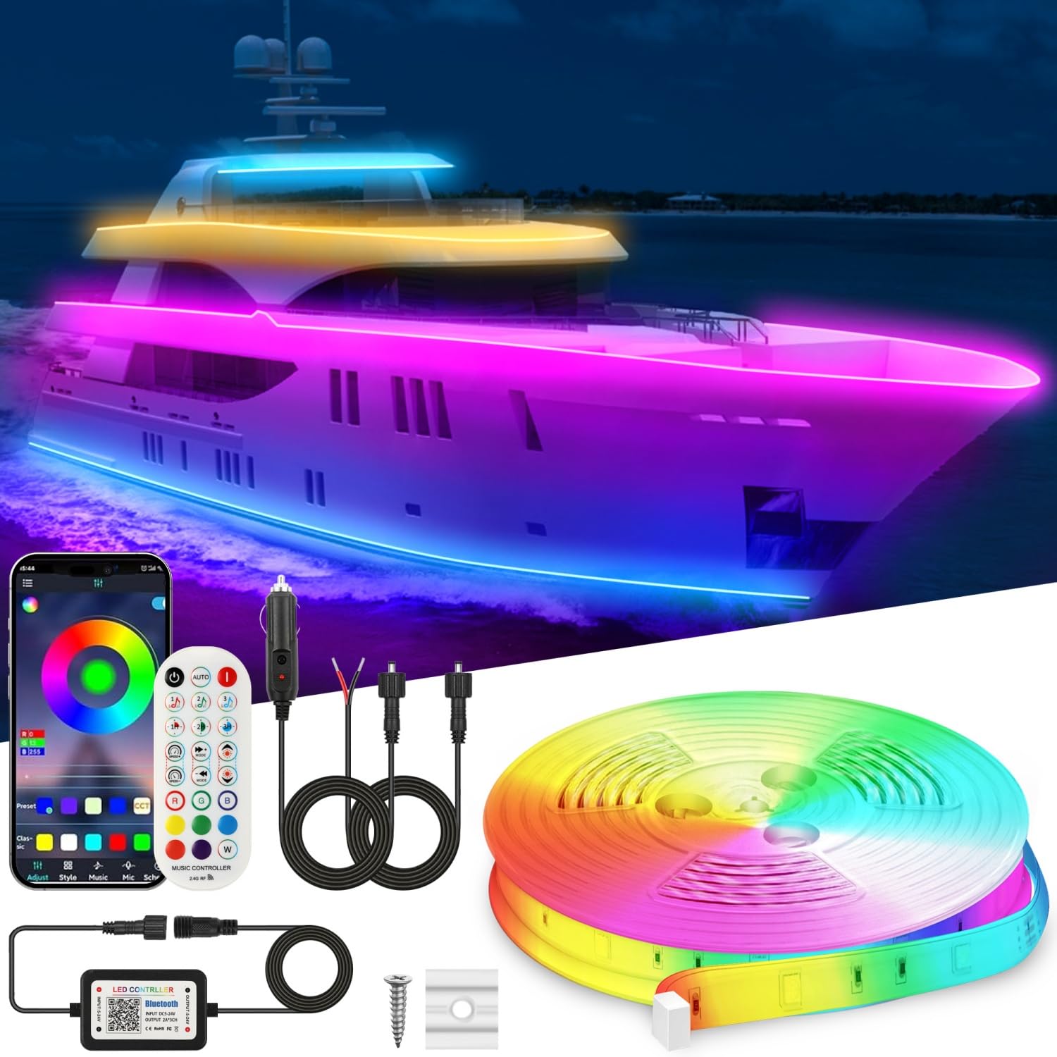 VIDLULTD 20FT Marine LED Strip Lights, IP67 Waterproof, RGB, 12V, Silicone, Model VLD07-ER45, Multicolor
